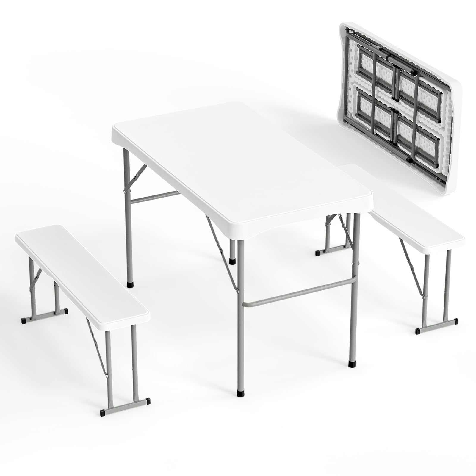 VINGLI Picnic Table Set with 2 Benches, 6 Feet Camping Table Chair Set, Heavy-Duty HDPE Material with Metal Frame, 3-Piece Foldi