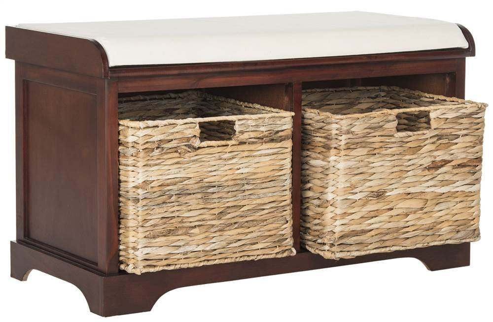 SAFAVIEH Home Collection Freddy Cherry / Wicker Basket 2-Drawer Storage Bench with Cushion (Fully Assembled)