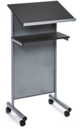 Audio-Visual Direct Wheeled Lectern Podium - Standing Desk With Storage Shelf - Silver/Black - Ideal For Presentations And Laptop Use