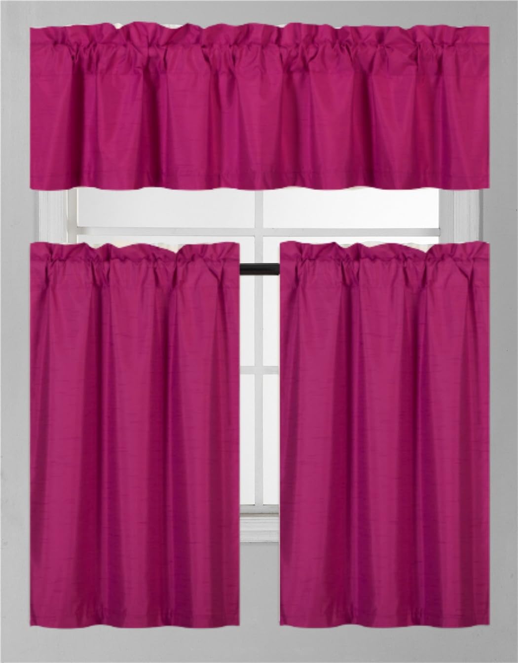 3Pc Set Solid Faux Silk Lined Blackout Rod Pocket Small Kitchen Window Curtain With Valance (K3) (Hot Pink)