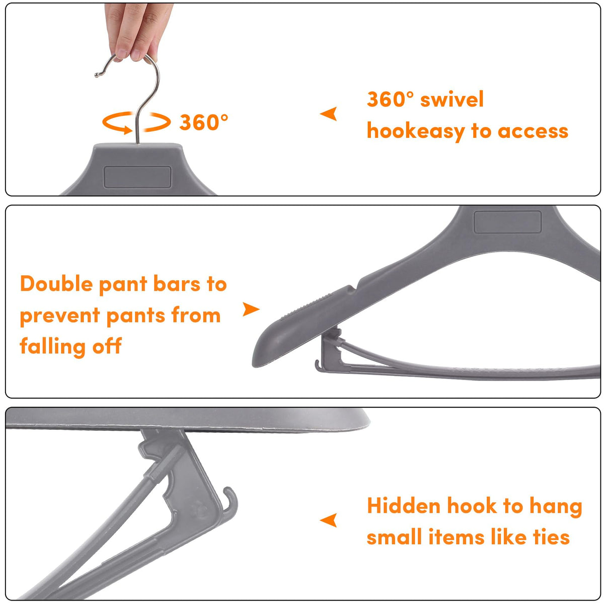 Dedu Suit Hangers For Men 40 Pack, Extra Wide Hangers Non Slip Width 17.7'', Grey Coat Hangers Thick Plastic With Pants Bar 360