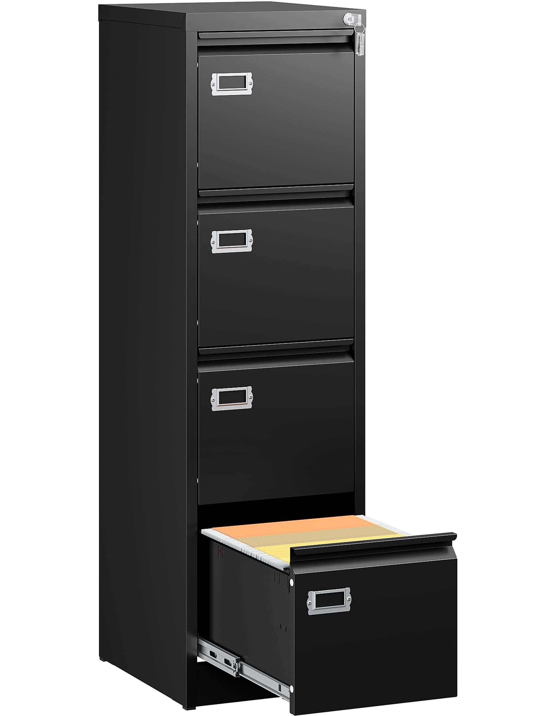 SISESOL 4 Drawer File Cabinet with Lock and Tag,Black Vertical File Cabinet,Narrow Locking Filing Cabinets with Drawers,Metal Fi
