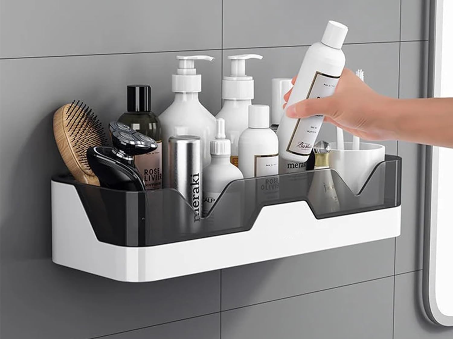 WallMounted Bathroom Organiser Shelf, NoDrill Adhesive Installation, White And Grey