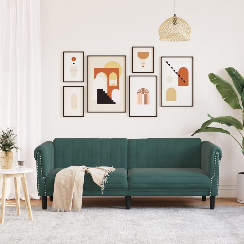 vidaXL 3-Seater Upholstered Settee - Dark Green Velvet Couch for Living Room/Lounge/Office, 79.9" Wide with Sturdy Wooden Legs