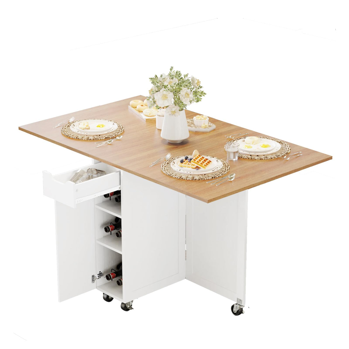 Folding Dining Table, Dinner Table with Drawer and Storage and Shelves, Space Saving Dining Table with 6 Wheels, Kitchen Table f