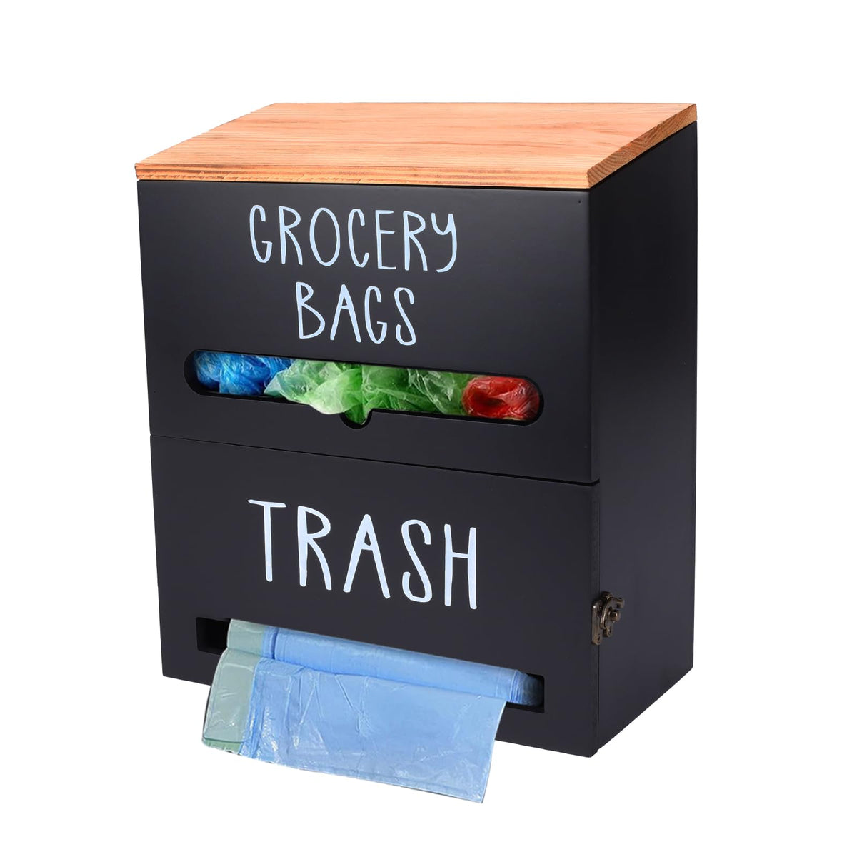 Xbopetda 2 in 1 Trash Bag Holder with Grocery Bag Holder, Wooden Trash Bag Dispenser Wall Mounted, Trash Bag Organizer for Count