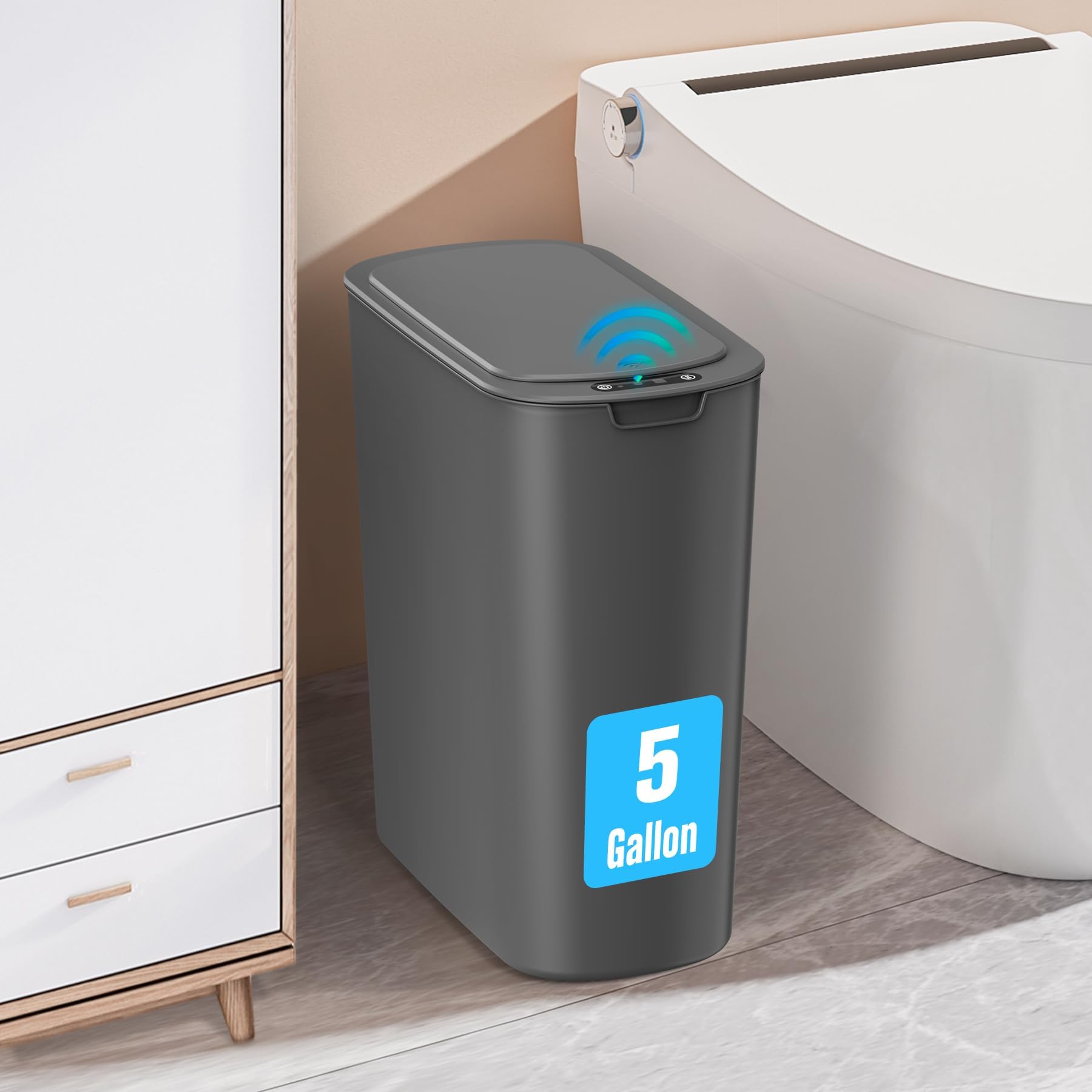 Cesun 5 Gallon Automatic Bathroom Trash Can, Touchless Motion Sensor Garbage Can with Lid, Smart Plastic Slim Wastebasket for Ba