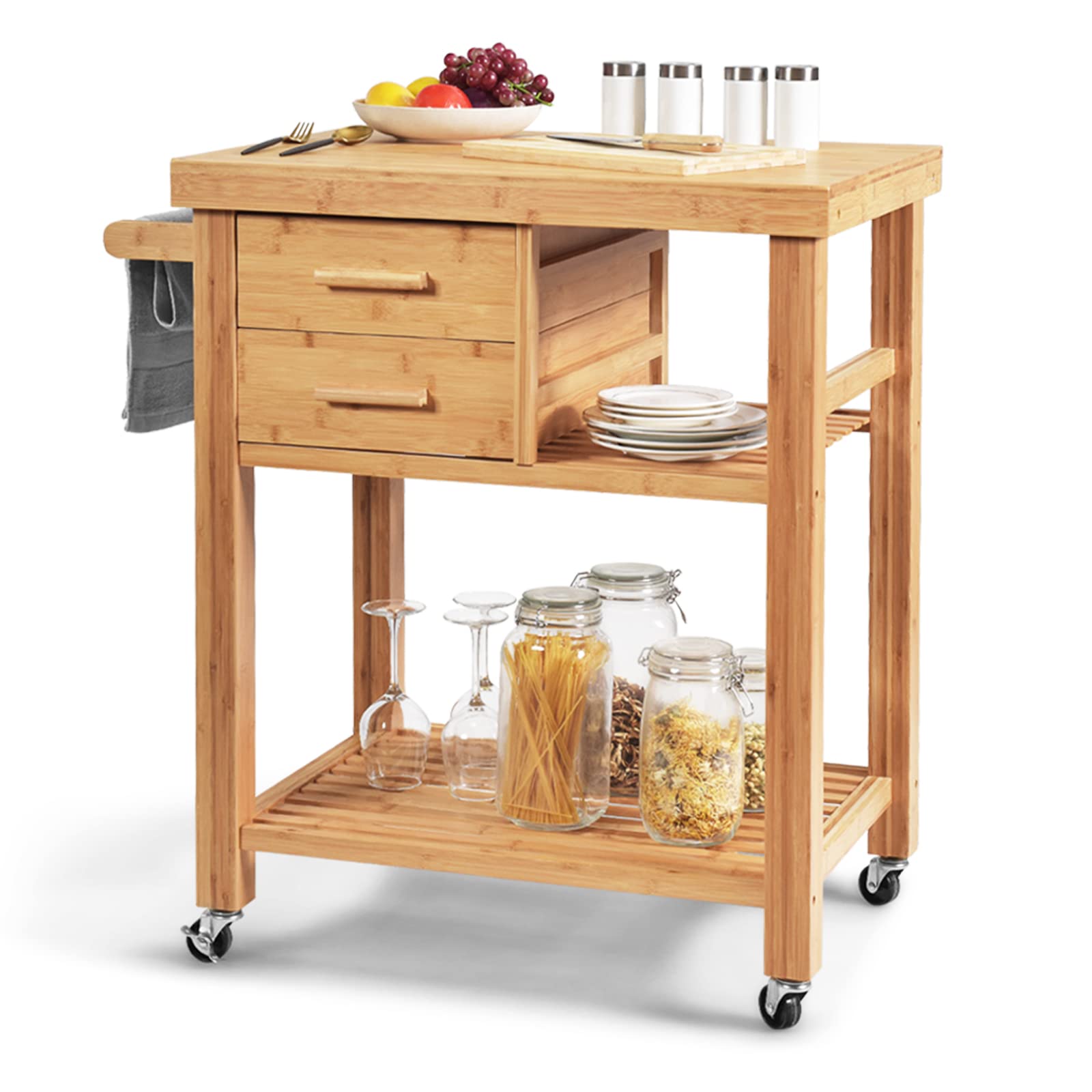 Gorelax Bamboo Kitchen Island On Wheels, Lockable Rolling Kitchen Cart With 2 Storage Drawers & Open Shelf, Wood Utility Butcher Block Island With Towel Rack