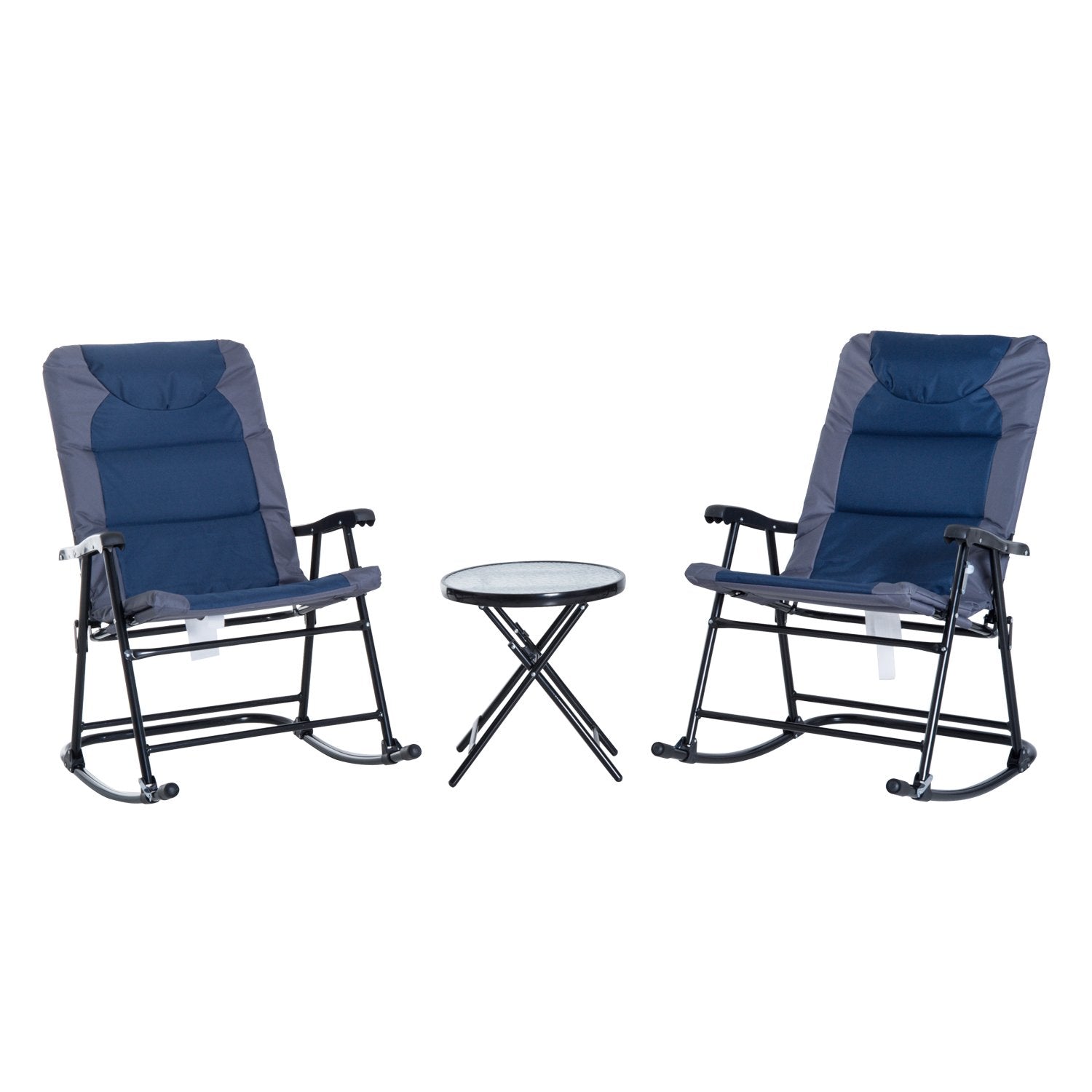 Outsunny 3 Piece Outdoor Patio Furniture Set with Glass Coffee Table & 2 Folding Padded Rocking Chairs, Bistro Style for Porch, 