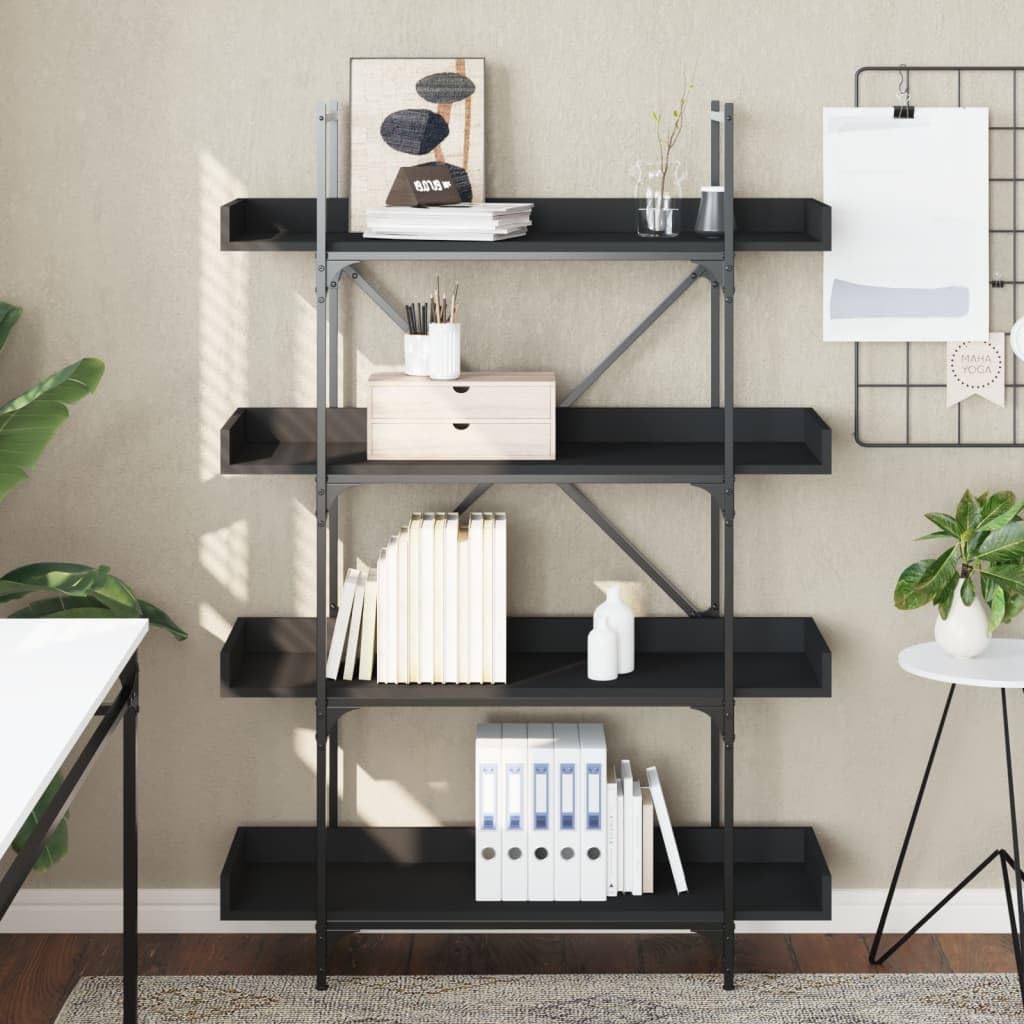 vidaXL 4-Tier Black Bookcase: Durable Engineered Wood and Metal Frame - Adjustable Feet Ideal for Home, Office or Library