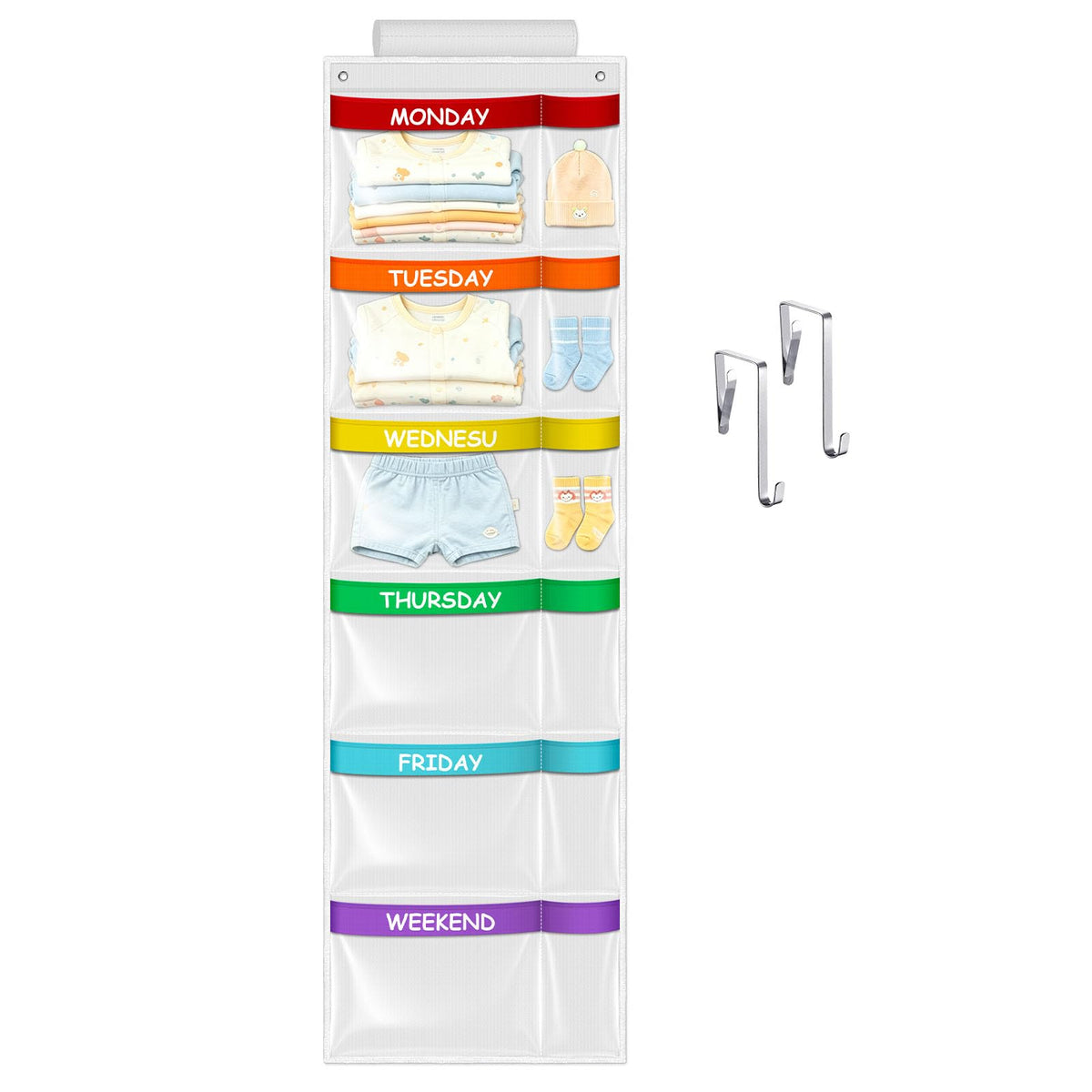 ABCKEY Weekly Kids Clothes Organizer,6Shelf Hanging Closet Storage with Labels for Monday to Friday,Over the Door or Wall Mount