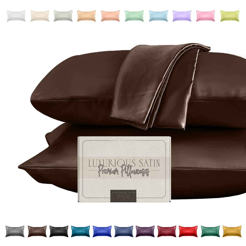 Elegant Comfort Silky And Luxurious 2-Piece Satin Pillowcase Set For Healthier Skin And Hair, Hidden Zipper Closure And Beautifully Packaged, Satin Pillowcase Set, King, Chocolate Brown