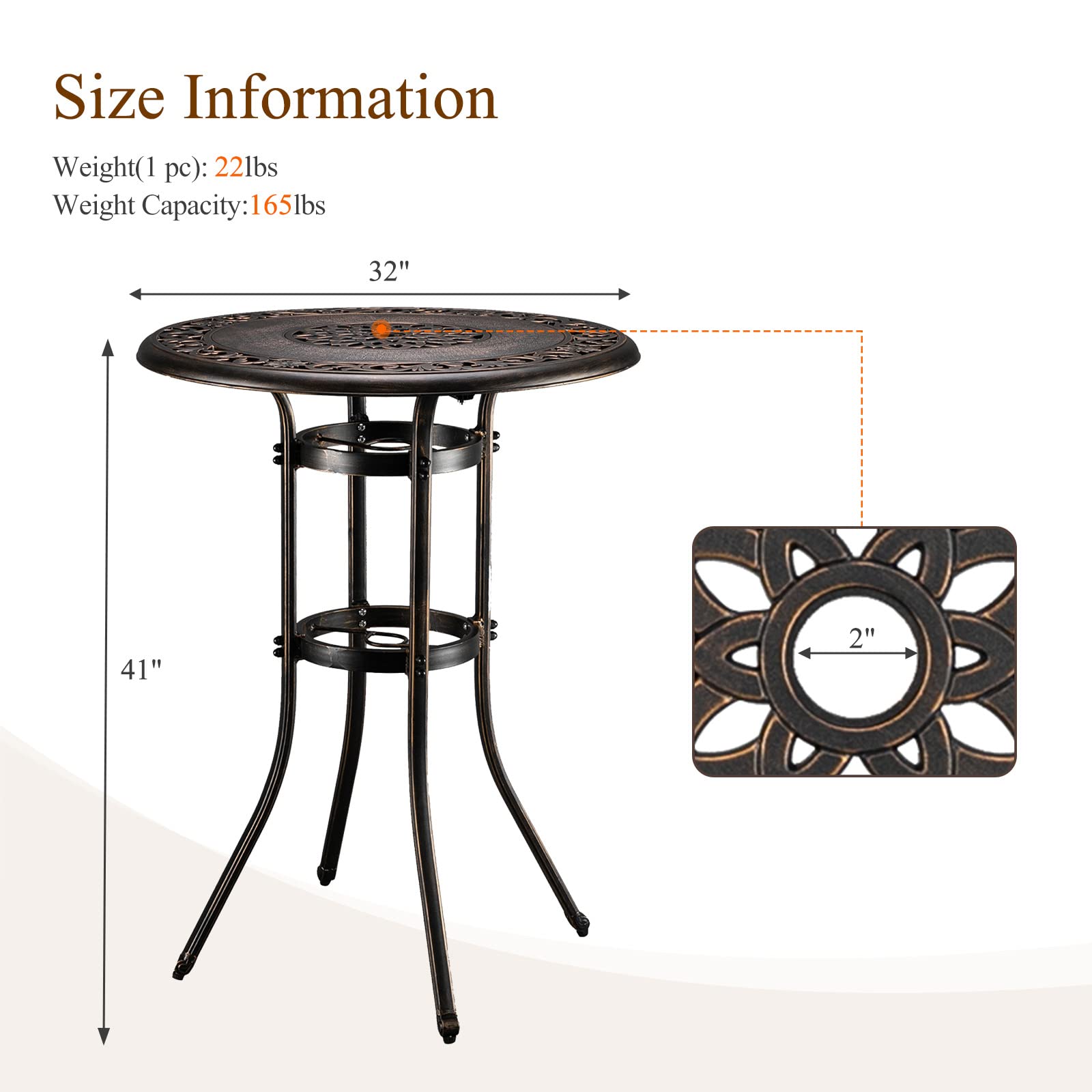 Vingli Outdoor Bar Table, Cast Aluminum Bar Height Patio Table With Umbrella Hole Patio Dining Table, Tall Outdoor Table Bistro Table Outdoor Furniture Garden Table 32' Dia X 41 H (Bronze)…