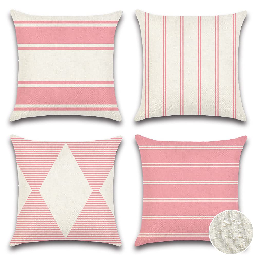 Otostar Decorative Outdoor Throw Pillow Covers 16X16 Inch Waterproof Geometry Pillow Cover Garden Cushion Case Patio Outdoor Pillows Shell For Couch Indoor Tent Park Furniture Balcony Set Of 4 (Pink)