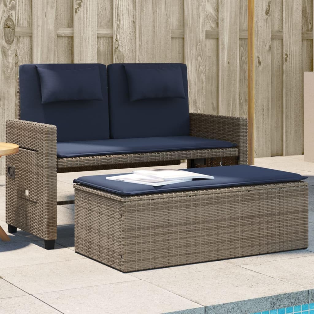vidaXL Reclining Patio Bench with Cushions - Gray Poly Rattan 2-Seater Outdoor Loveseat/Sofa Bed with Adjustable Backrest, Side Table & Storage