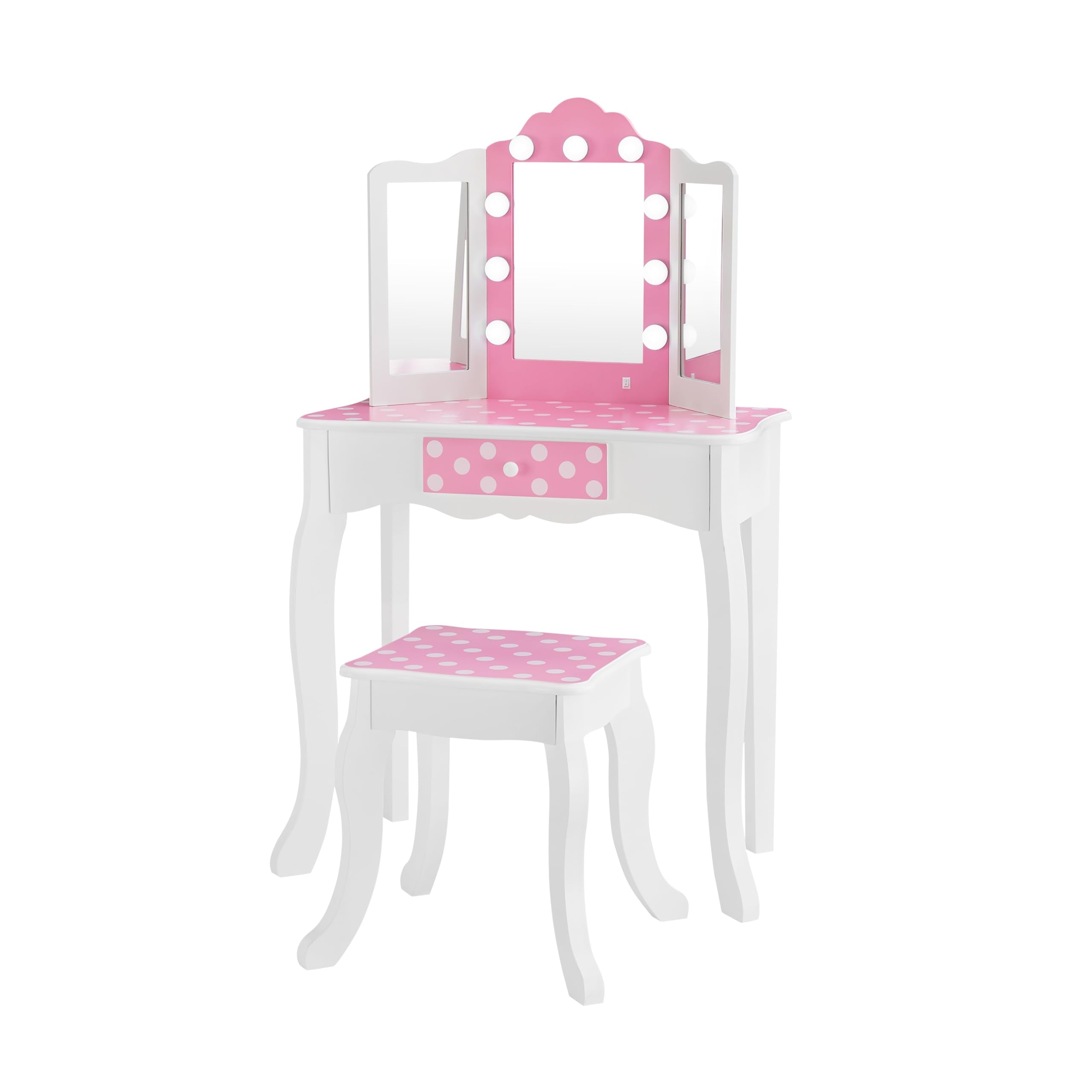 Teamson Kids Gisele Polka Dot Kids Vanity Set with LED Illuminated Mirror, Storage Drawer and Matching Stool, White/Pink