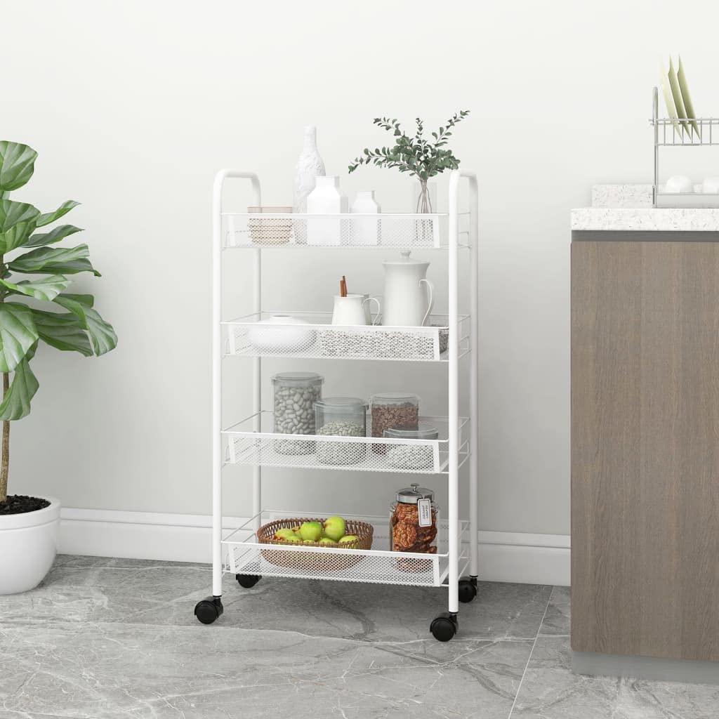 vidaXL 4-Tier Kitchen Trolley in White - Durable Iron Construction, Mobile Storage Cart with 4 Removable Mesh Baskets, Ideal for Kitchen, Bathroom, Office