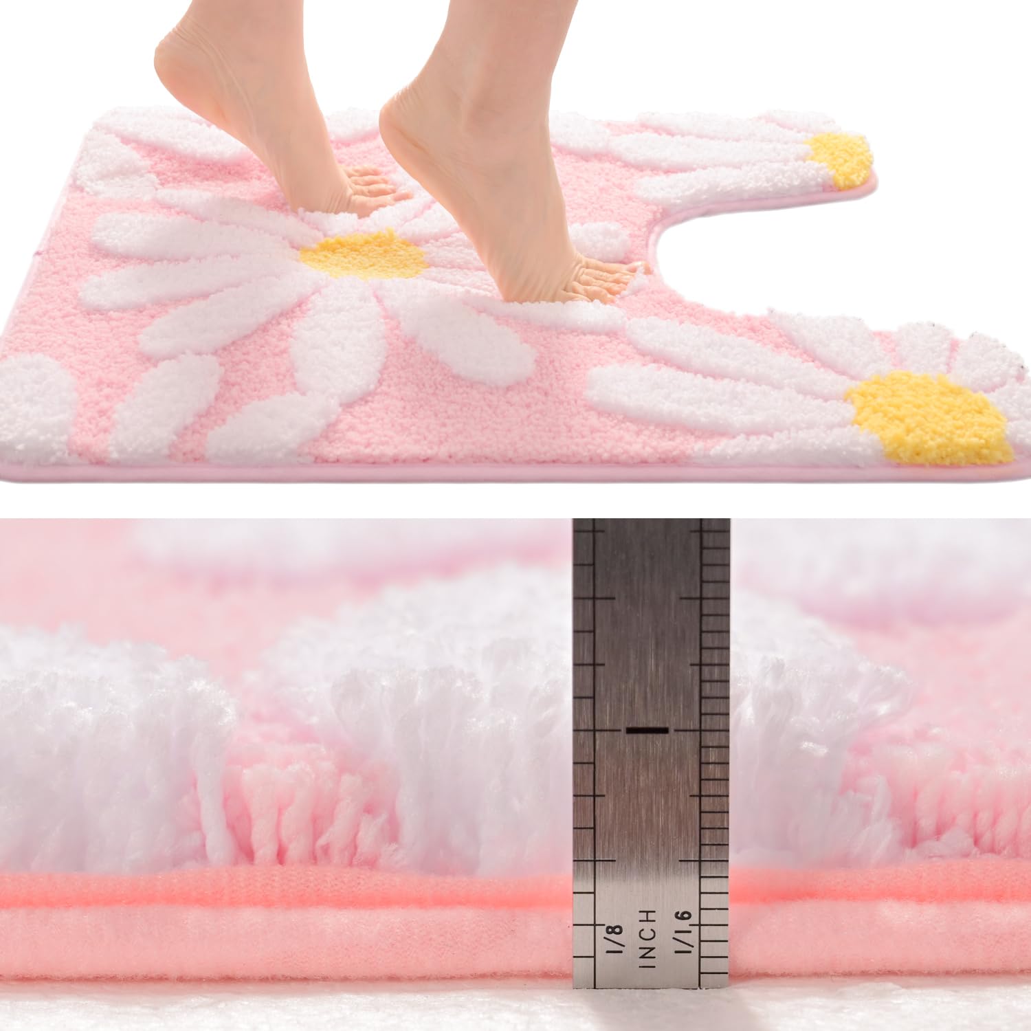 Qjhomo Toilet Rugs U Shaped, Pink Toilet Mat Cute Daisy Contour Bath Rug, Thick Soft Machine Washable Toilet Carpet, Non Slip Ba
