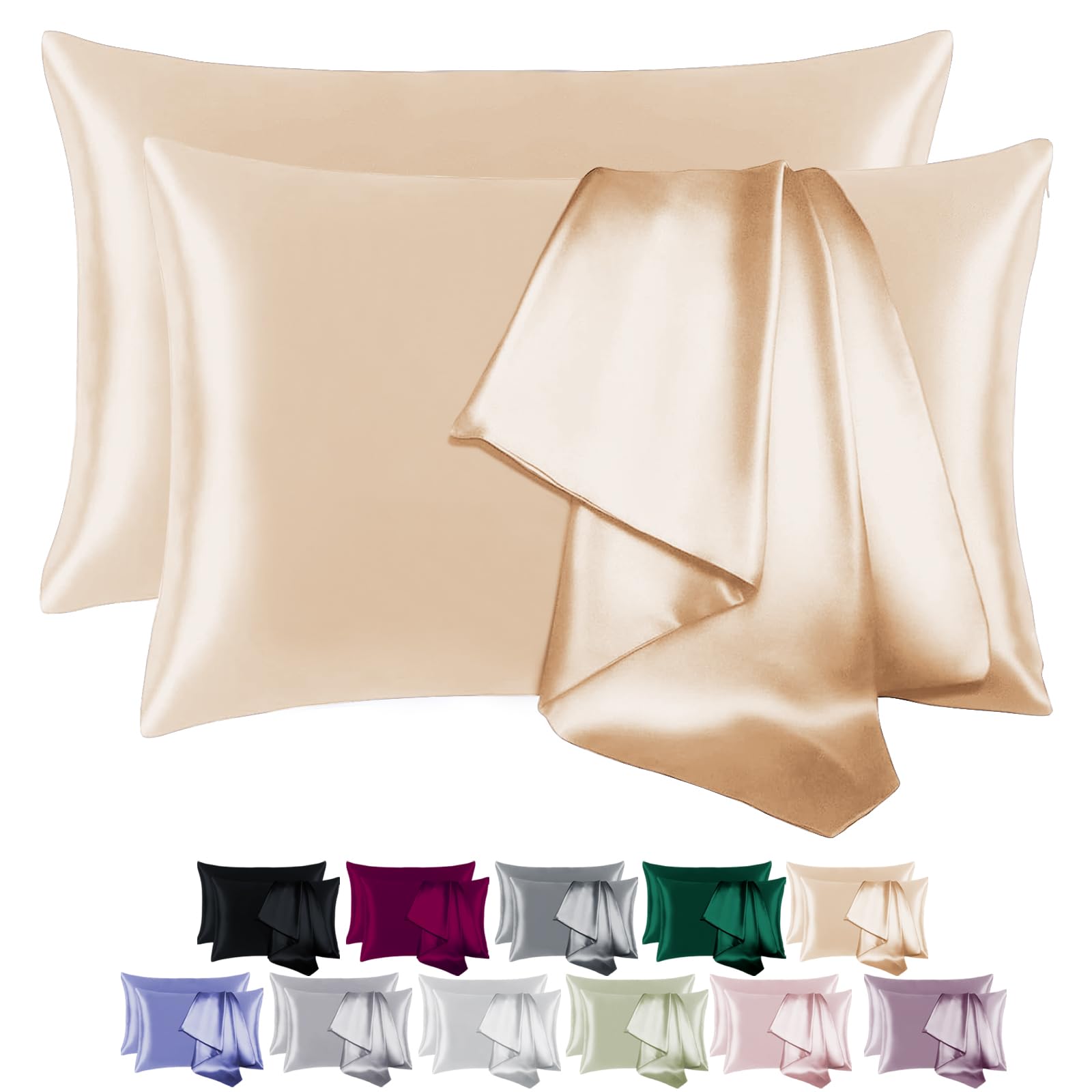 BEIJOEY 100% Mulberry Silk Pillowcase Set of 2 for Hair and Skin,with Hidden Zipper,Both Sides 19 Momme 600 Thread Count Natural
