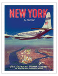 New York USA by Clipper - Boeing 377 over Manhattan Island - Pan American World Airways - Vintage Airline Travel Poster c.1950 -