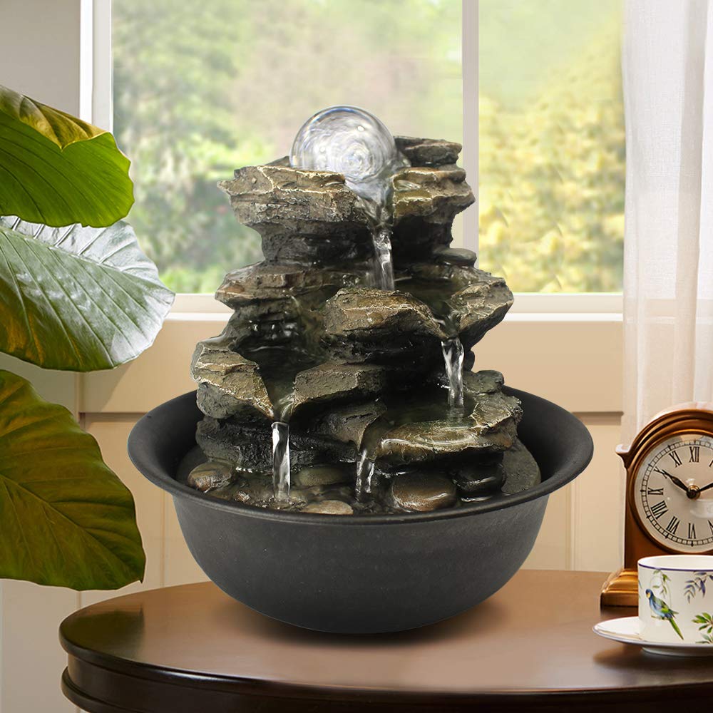 Spinning Orb Rock Cascading Tabletop Fountain, Zen Meditation Indoor Waterfall Feature with LED Light for Home Office Bedroom Re