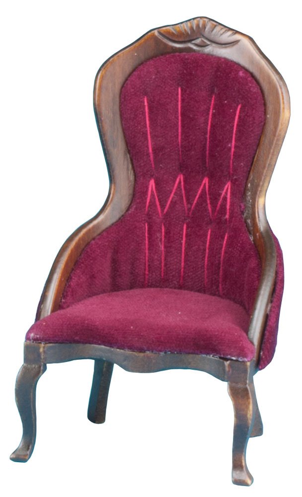 Dollhouse Miniature Victorian Ladys Chair, Walnut with Red Velour Fabric