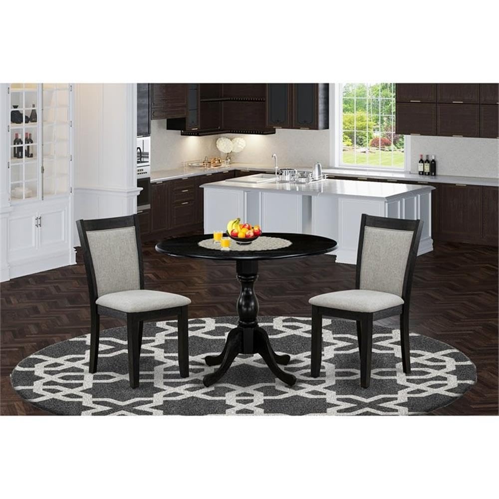 East West Furniture DMMZ3-AB6-06 3 Piece Modern Dining Table Set Contains a Round Wooden Table with Dropleaf and 2 Shitake Linen Fabric Parsons Dining Chairs, 42x42 Inch, Wirebrushed Black