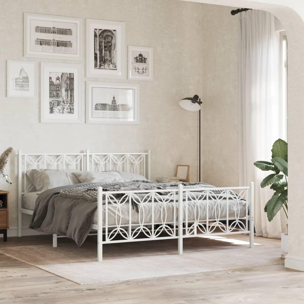 vidaXL Metal Bed Frame with Headboard/Footboard - Double Bed 59.1"x78.7" - Classic White Steel Mattress Support