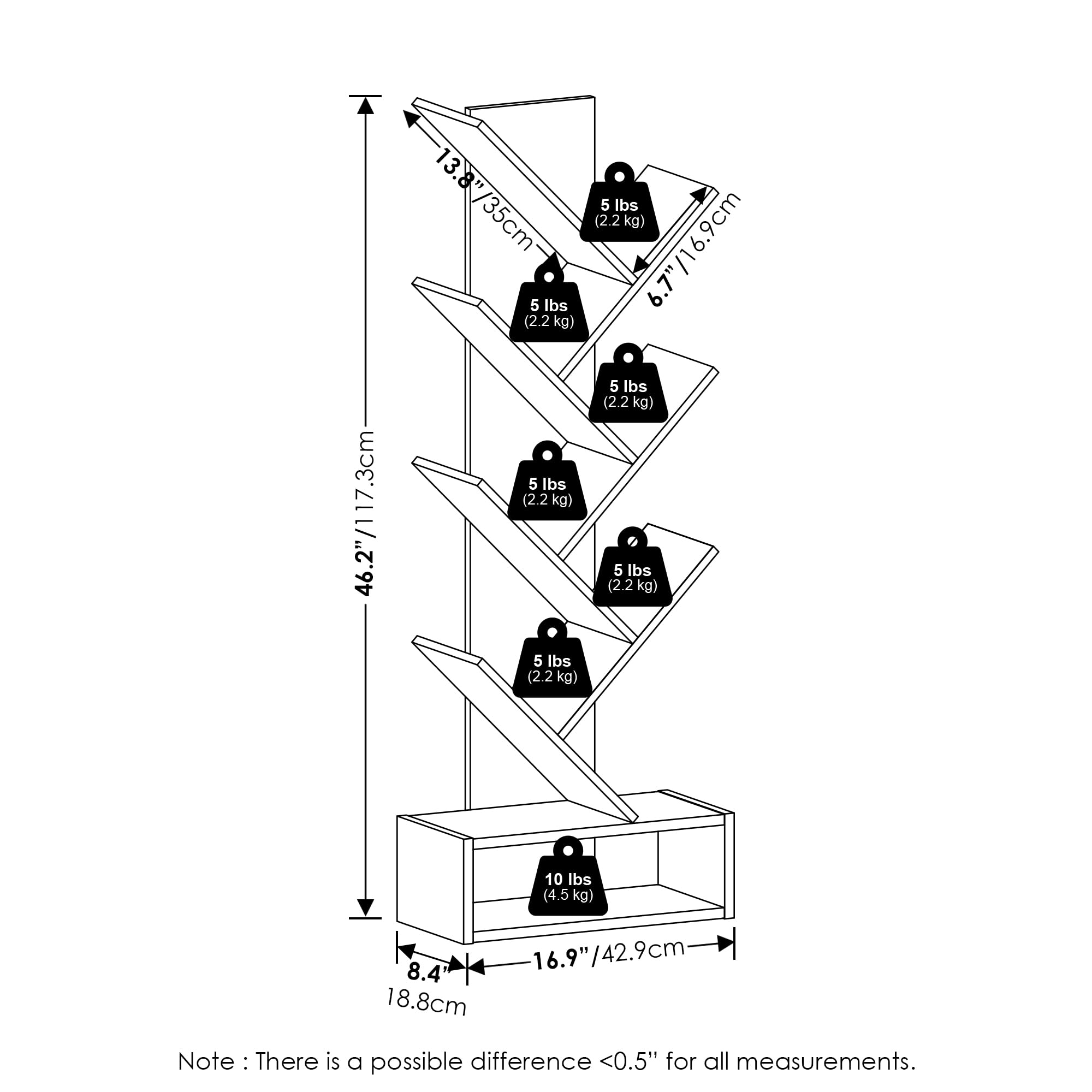 Furinno Tree Bookshelf 7-Tier Floor Standing Tree Bookcase with Bin Drawer, White/Black