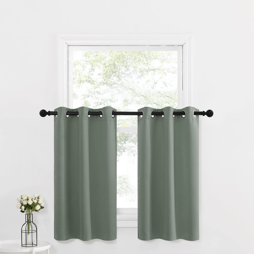 Nicetown Kitchen Tiers Curtain Farmhouse Window Decor Valance For Living Room Thermal Insulated Short Blackout Small Curtain For Bedroom, 29' W X 36' L, 2 Panels, Greyish Green