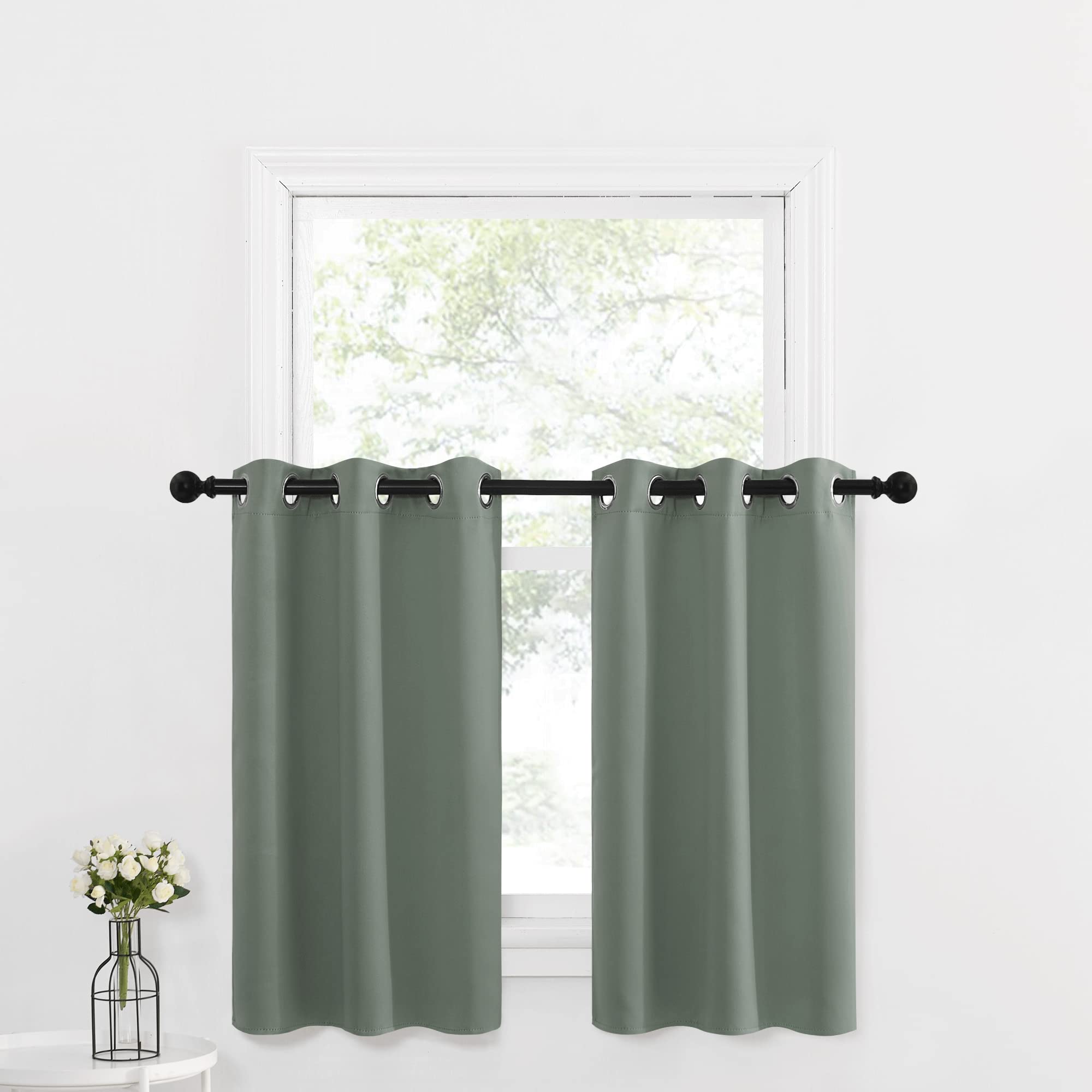 Nicetown Kitchen Tiers Curtain Farmhouse Window Decor Valance For Living Room Thermal Insulated Short Blackout Small Curtain For Bedroom, 29' W X 36' L, 2 Panels, Greyish Green