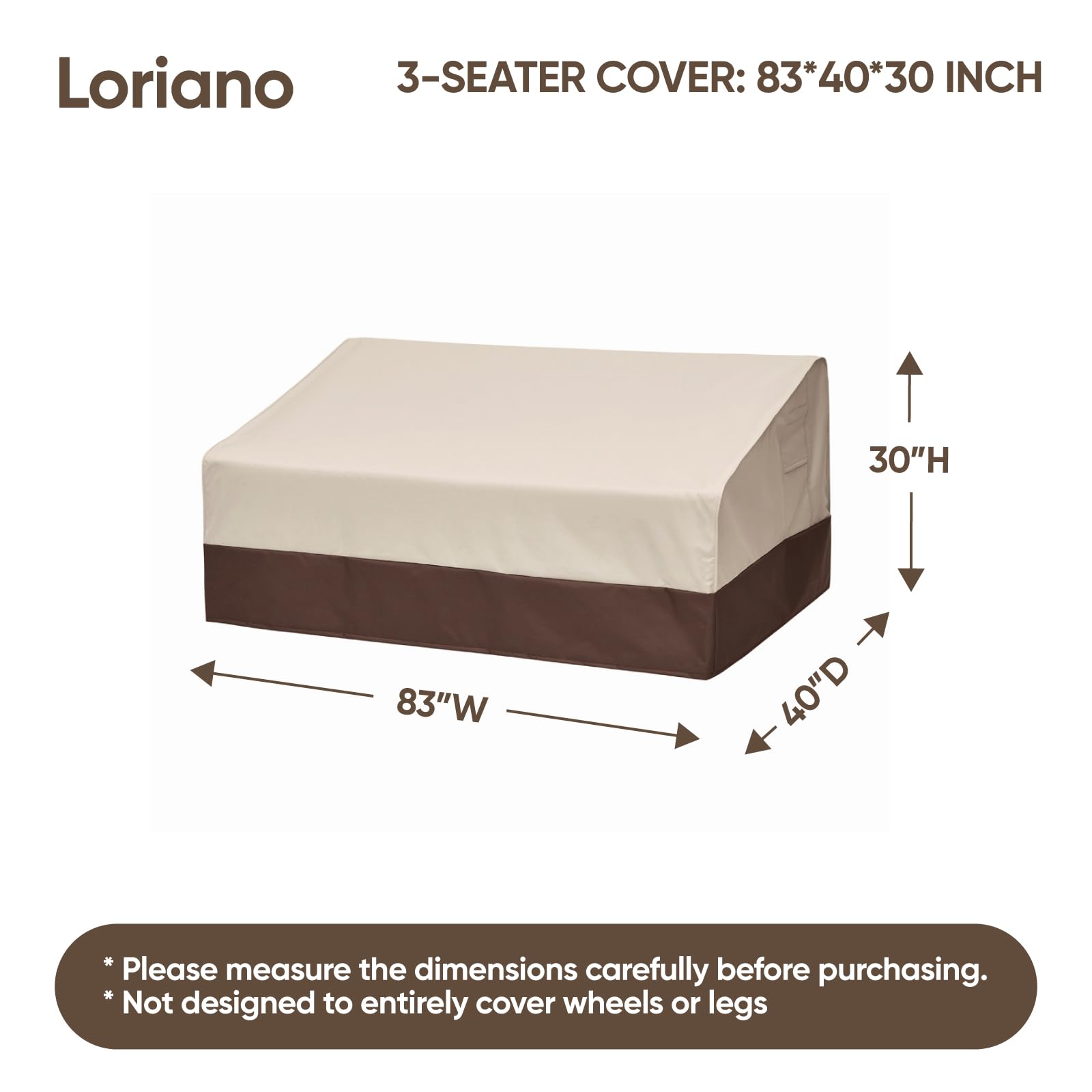Loriano 3-Seater Patio Furniture Covers, 100% Waterproof For Outdoor Sofa, Loveseat, Seat, Couch, Heavy Duty 600D Oxford Fabric, Premium Pvc Coating For Sun Fade Resistance 83' W X 40' D X 30' H