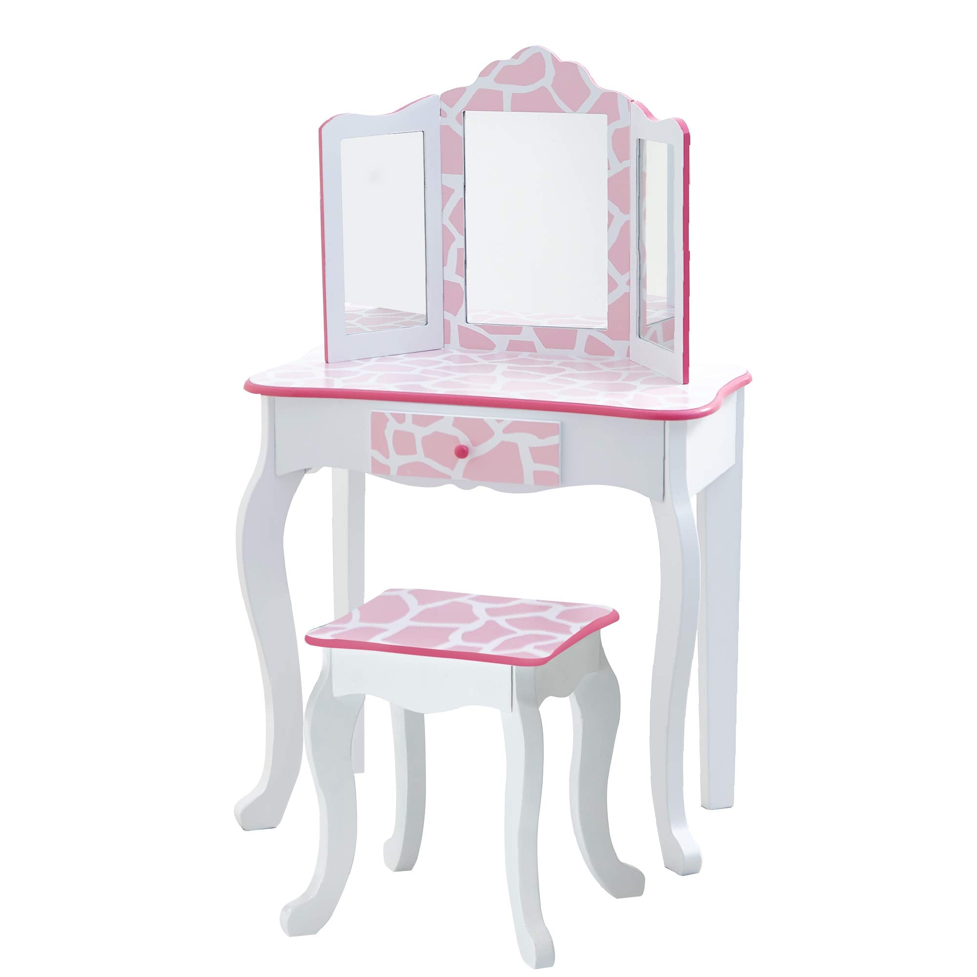 Teamson Kids Princess Gisele Giraffe Print 2-Piece Kids Wooden Play Vanity Set with Vanity Table, Tri-Fold Mirror, Storage Drawe
