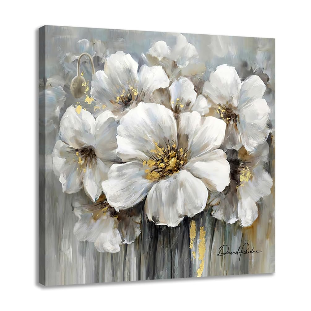 Bathroom Flower Picture Wall Art White and Gray Floral Painting on Canvas with Gold for Bedroom Powder Room Decor 12x12