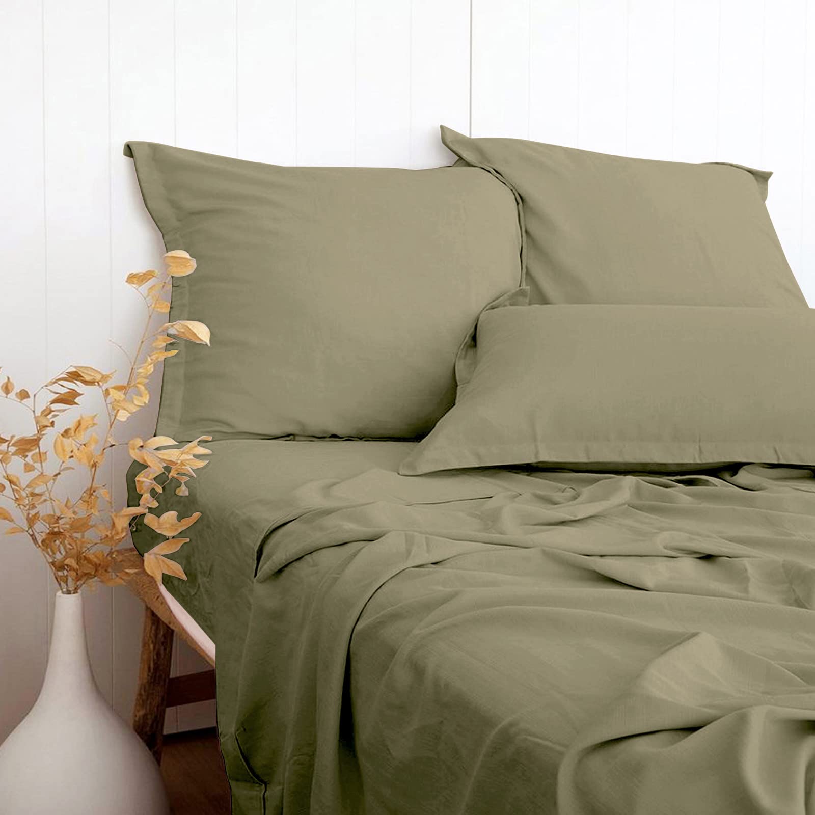Olive Green Linen-Textured Bed Sheets Set, Bamboo Rayon , Cotton , Linen Blend Bed Sheets Cal King Size, Soft Cool & Breathable