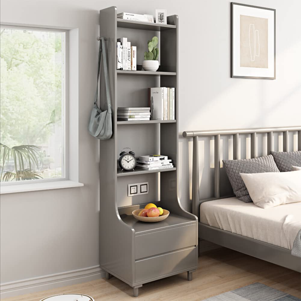 IOTXY Grey Bedside Table Bookshelf - 71 Tall Free Standing Wooden Open Shelf Bookcase with Drawers and 4-Shelves for Bedroom, Be
