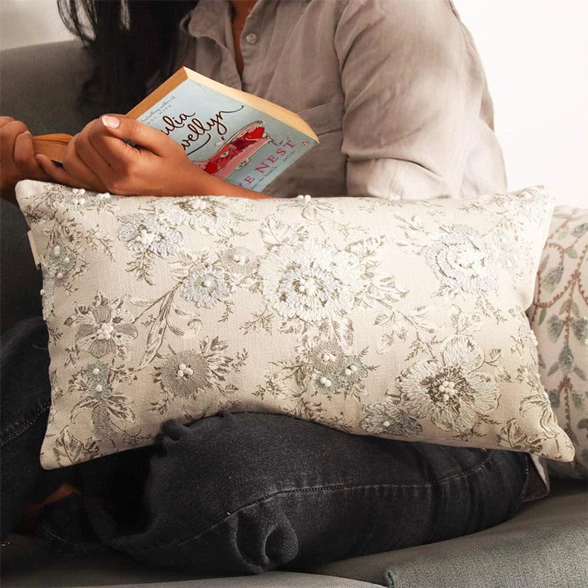 Esq Living Windflower Rectangular Embroidered & Printed Cotton Cushion Cover 50X30Cm | 100% Cotton Material With Zipper Closure|