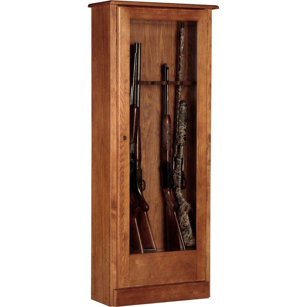 American Furniture Classics 724-10 Wood Gun Lockable Cabinet with Tempered Glass Door, 10 Gun, Medium Brown, 1 Cabinet