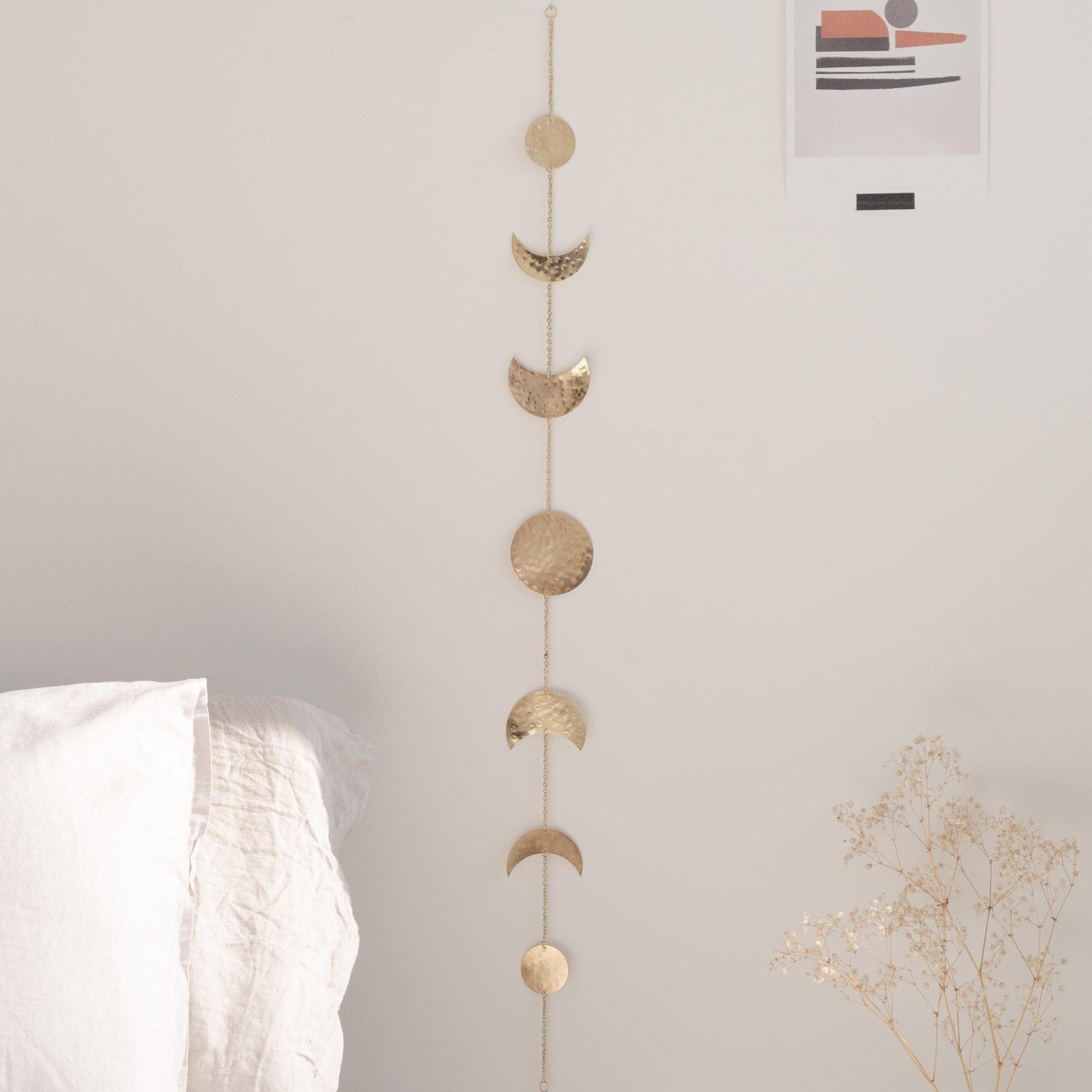 Moon Phase Wall Decor [Handmade Hammered Gold Metal 7 Moons 34 Banner] Phases of the Moon, Celestial Lunar Decorative Vertical W