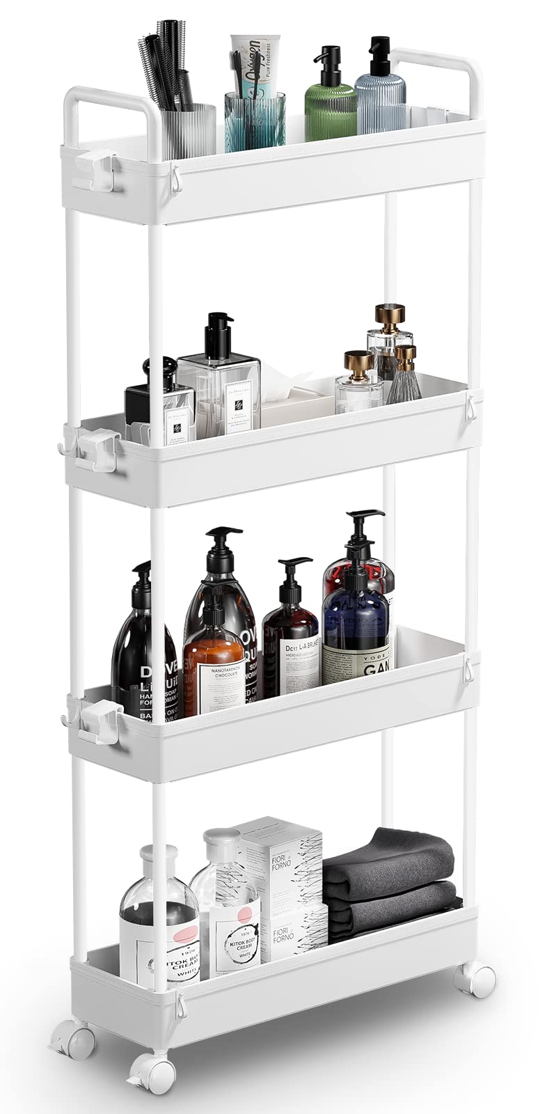 SOLEJAZZ Slim Storage Cart, 4 Tier Bathroom Organizer Mobile Shelving Unit, Rolling Utility Cart Slide Out Organizer for Kitchen