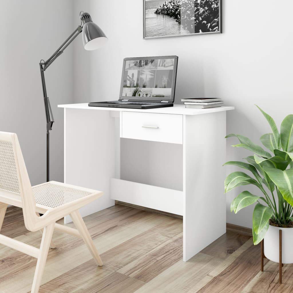 vidaXL Engineered Wood Desk with Drawer Feature, Sleek Modern Design, Ideal for Office and Home Use, Durable and Easy to Maintain - White Color