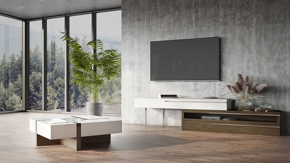 HomeRoots White, Walnut Veneer, MDF, Metal Modern White and Walnut Square Coffee Table with Storage