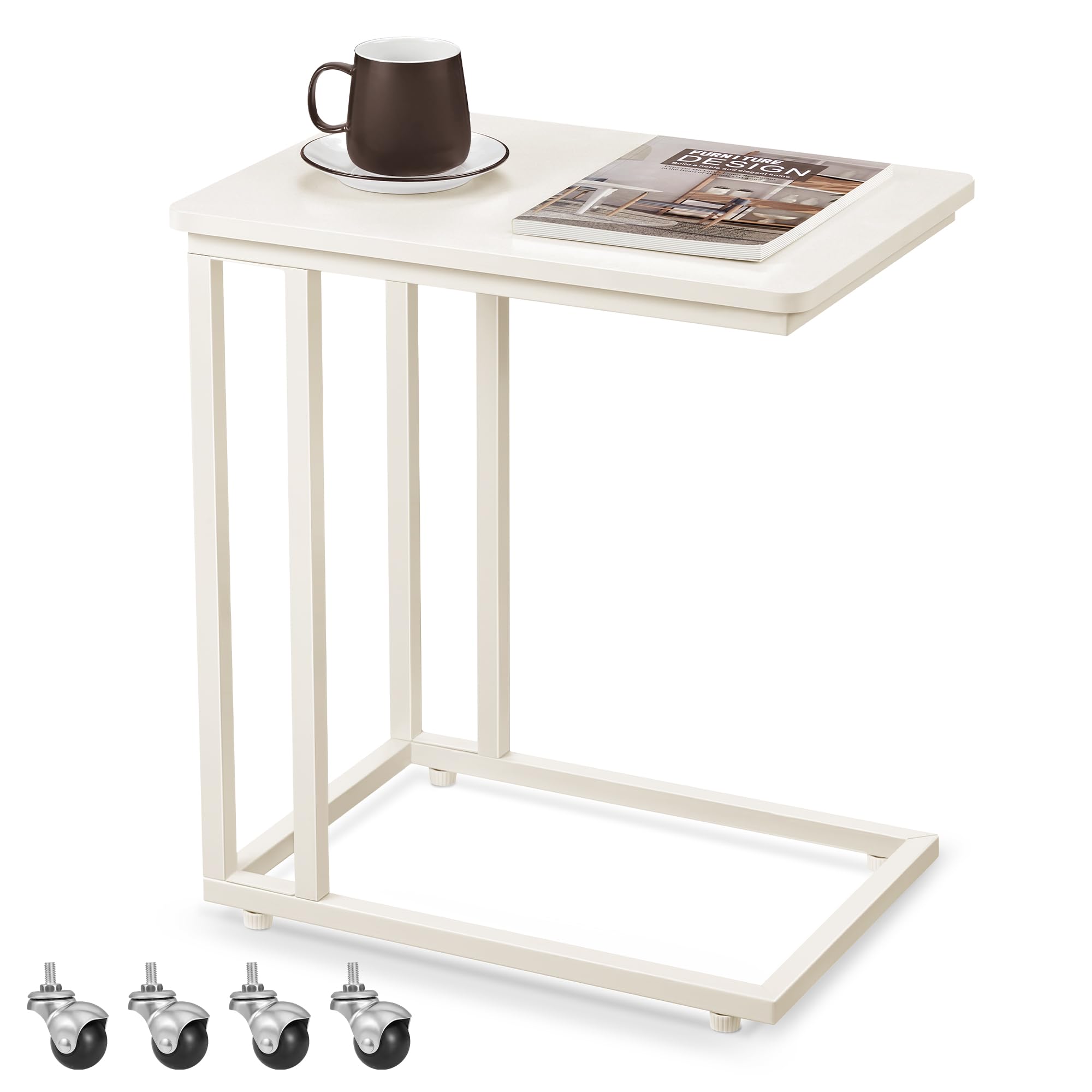 VASAGLE End Table, C Shaped TV Tray with Metal Frame Rolling Casters for Coffee Laptop Mobile Tablet, Industrial Side Table for 