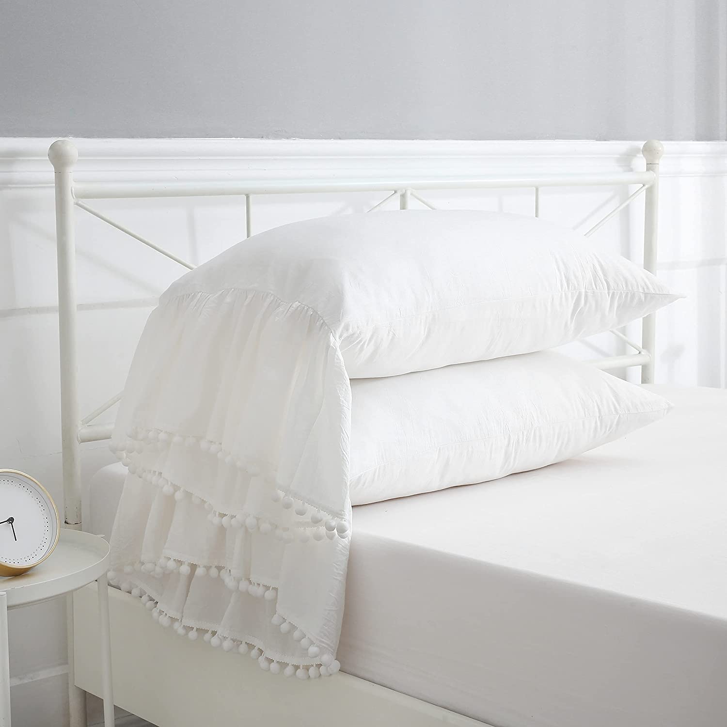 Meaning4 Ivory Ruffled Pillow Shams With Pom Poms Pillowcases Cotton Pillow Covers King Size 20'X36' Farmhouse French Country