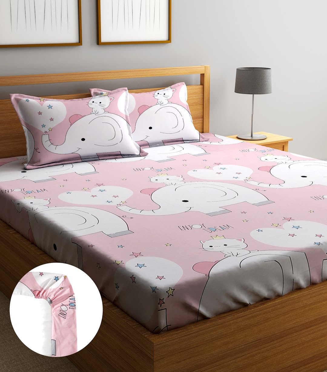 Home Sizzler 144Tc KidS Elephant & Kitty Elastic Fitted Double Bedsheet (72X78 Inch) With 2 King Size Pillow Covers
