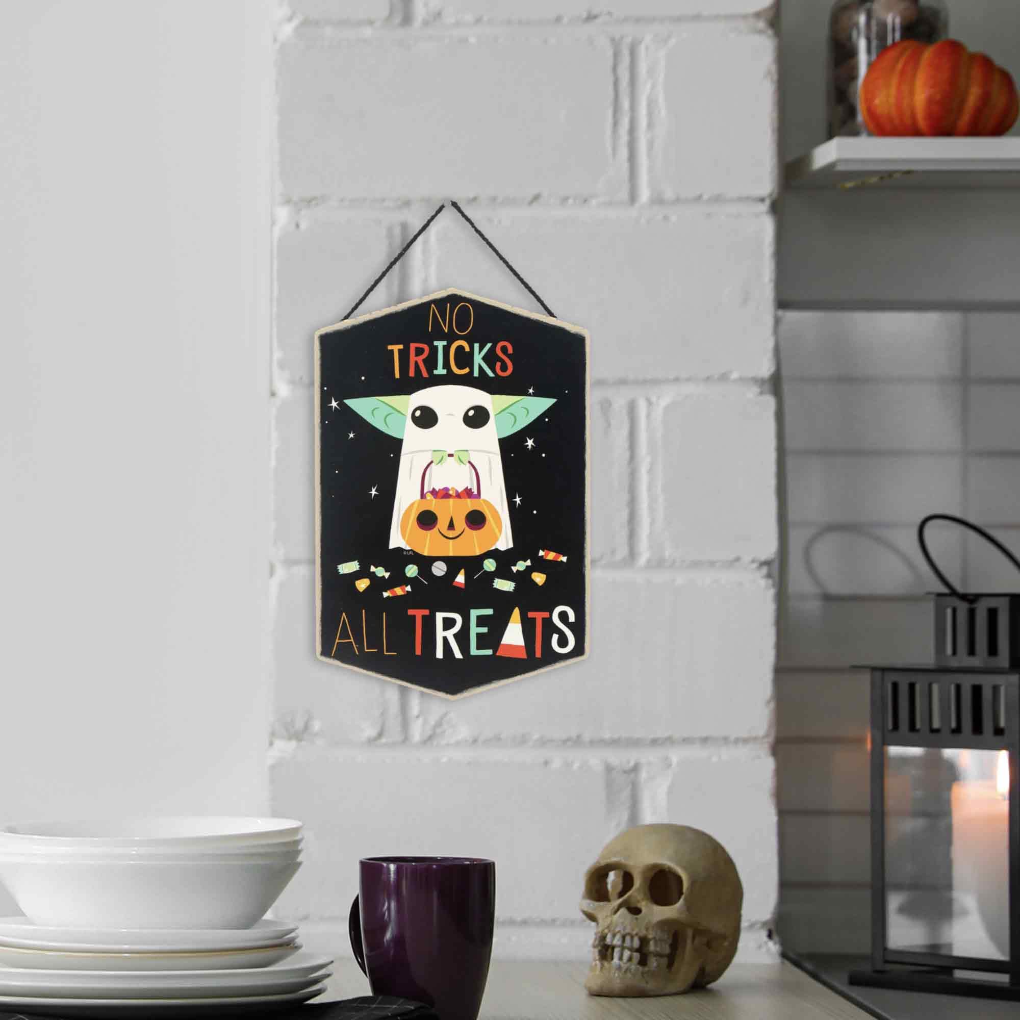 Open Road Brands Disney Star Wars Baby Yoda No Tricks All Treats Halloween Hanging Wood Wall Decor - Cute Baby Yoda Halloween Si