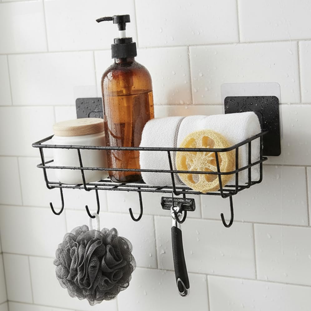 Avgad Multipurpose Bathroom Organiser, Wall Mounted Shelf With Hooks, No Drill SelfAdhesive, Gi Steel, Black, Powder Coated, Pa