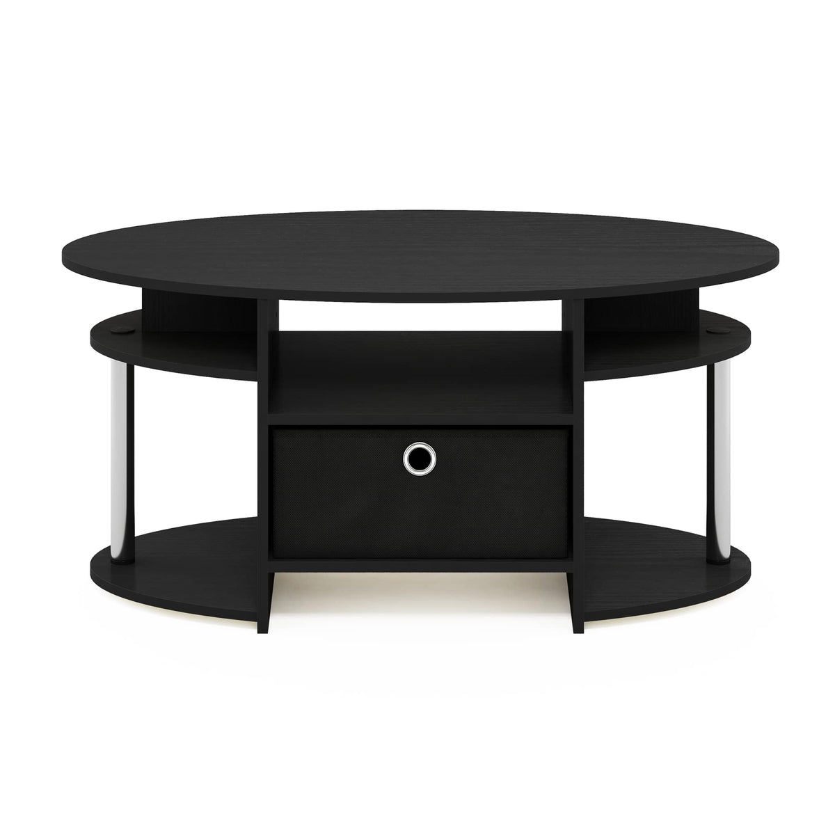 Furinno Jaya Simple Design Oval Coffee Table with Bin for Living Room, Americano/Chrome/Black