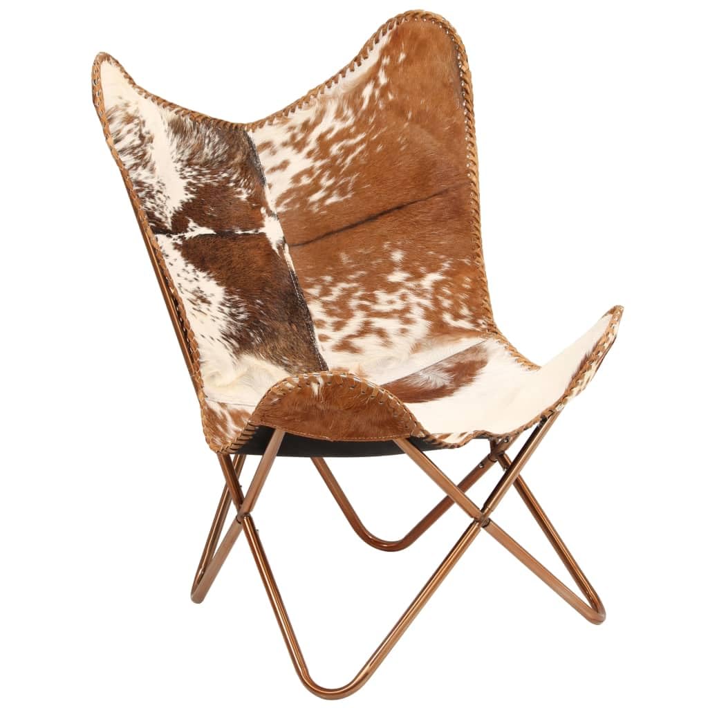 Vidaxl Genuine Goat Leather Butterfly Chair  Vintagestyle Comfortable Armchair With Powdercoated Steel Frame  Brown And Whit