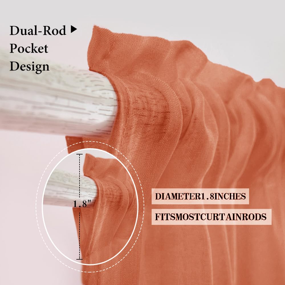Miulee Burnt Orange Linen Textured Sheer Curtains 63 Inch Length For Bedroom/Living Room Semi Transparent Farmhouse Fall Decor Window Net Panels With Rod Pocket 2 Panels Set W 54 X L 63 Inches
